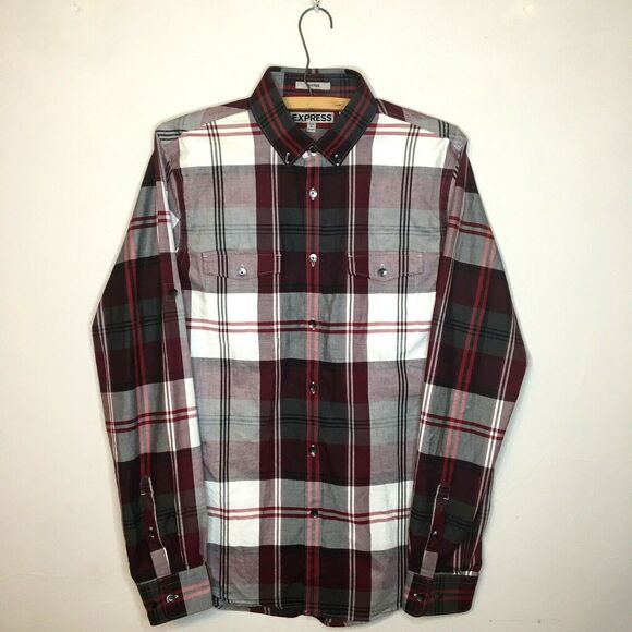 Express Mens Dress Shirt S Plaid Red White Gray Maroon Fitted Button Up 14 -14.5 - Picture 6 of 6